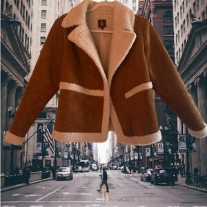 Brown Shearling Jacket with White Trim